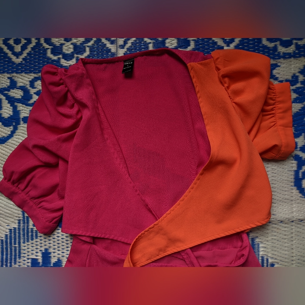 Hot Pink and Orange Colorblock Tie Front Dress with Flowy Button Up Skirt - Picture 4 of 9